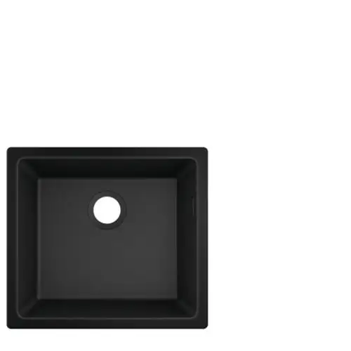 Schwarze Unterbauspüle von Hansgrohe mit quadratischer Form und mittigem Ablaufloch, geeignet für moderne Küchenanwendungen.